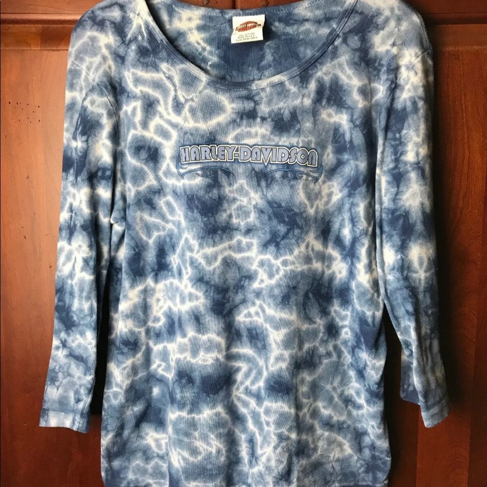 Harley Davidson L/S ribbed blue tie dyed top in XL